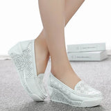 Women's Genuine Leather Platform Shoes Wedges White Lady Hollow printing Casual Shoes Swing mother Shoes Size