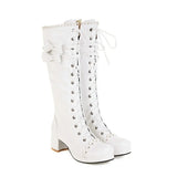 Winter Warm Lolita Boots Cute Girl Bow Cosplay Princess Shoes Cross Tied Side Zip chuncky Thick Knee High Womens Platform