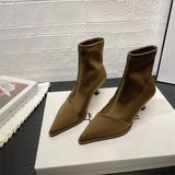 Breakj New Autumn And Winter 2024 Wind Silk And Satin Sleeve Fashion Pointed Short Boots Women's Thin Heel Elastic Silk Stockings Boots Short Tube Thin