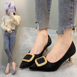 Breakj Source Of Light Luxury Buckle High Heel Women's Fine Heel Black Working Shoes Tip Single Shoes 2025 Autumn