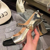 Breakj New Square Head High Heel Single Shoes JK Sweet Mary Treasure Shoes Coarse Heel Pearl Buckle Large Size Women's