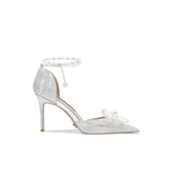 Breakj Shoes Women's Pearl Straps High-End Squint Crystal Shoes Silver French High Heels High Heels Do Not Tired Wedding