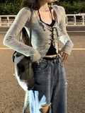 Summer Korean Fashion Suit 2 Piece Set Casual Strap Black Camis + Long Sleeve Knitted Crop Tops Thin Pure Color Blouse