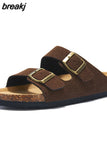 New Summer Beach Holiday Women Cork Slipper Casual Buckle Non-slip Outside Nubuck Leather Slides