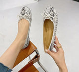Big Size Bowtie flat shoes woman round toe crystal glitter slip on loafers soft bottom bow ballet flats ladies OL