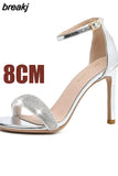Women Cool Black High Quality Summer Open Toe Stiletto Heel Sandal Shoes Lady Summer Rhinestones Shoes Buckle Strap Heel