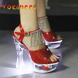 14CM Thick Heel Shoe LED Luminous Transparent Platform Diamond Tassels Sandals For Women Light Up Glowing Pole Dance
