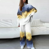 Lady Winter Knit 2pc Sets Fashion Gradient Print Turtleneck Pullover Top + Wide Leg Pant Suit Women Popular Casual Home
