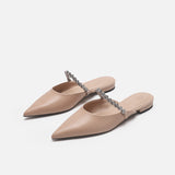 Leather Rhinestone Belt Sandals Woman Pointed Toe Slippers Flat Low Heels Mules Ladies Casual Slides Home&Outside