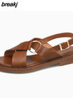Size 34-40 Women Sandals Genuine Leather Low Heels Shoes For Women Summer 2023 Rome Retro Flats Sandal Casual