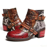 Vintage Splicing Printed Ankle Boots for Women Shoes Woman PU Leather Retro Block High Heels Zipper Women Boots Big