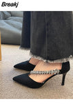 New Fashion Women Pointed Toe Dress Rhinestone Wedding Party Pumps Black Suede Sandal Crystal Embellished High Heels