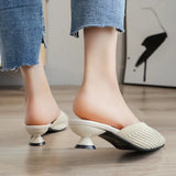 Elastic Mesh Sandals Pointed Mid Heels Slippers Women Summer Shoes Sexy Slingback Breathable Mules Shallow Slides