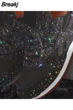 Style Women Casual Lace Up Sneakers Outdoor Sport Running Shoes Glitter Shoes Mesh Flat Shoes Ladies Sequin Vulcanized