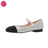 Women's Rhinestone Low Heel Shoes Fashion Bling Wedding Wear Comfortable Genuine Leather Top Layer Cowhide Pumps Black