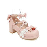 Japanese Lolita Mary Janes Shoes Princess Pink Ankle Strap Bowtie Strawberry Ruffles Wedding Cosplay Uniform Pumps Plus Size
