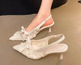 Breakj New Lace Heels Women Gentle Fashion Back Empty Sandals Fairy Wind Bow Single