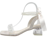 Black Bling Crystal Sexy Women Sandals Square Heel Ankle Strap Gladiator Women Shoes Pearl Bowknot Wedding Rhine Stone