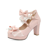 Lolita Japanese Pearl Bow Jk Sweet Cute Strap Super High Heeled Round Head Student Shoes Kawaii Girl Tea Party Cos Loli