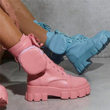 New Autumn Winter Shoes Women Boots Pocket Buckle Strap Ankle Boots Pink PU Leather Mid-calf Platform Booties