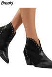 Fashion Women's Autumn and Winter Lace PU Leather Cowboy Ankle Boots Rivets Women's High Heels Ankle Boots Snake