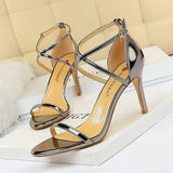 Breakj Fashion Sexy Nightclub Open Toe Metallic Cross Strap Heel High Heel Sandal Women's High