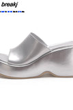 Platform Sandals For Women Wedge Slingback Fashion Metallic Glitter Open Toe Slipper Shoes Summer Casual Slip On
