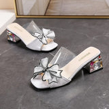 Women Sandals Pvc Crystal Flower Decoration Chunky Heel Peep Toe Brand Elegant Fashion Shoes